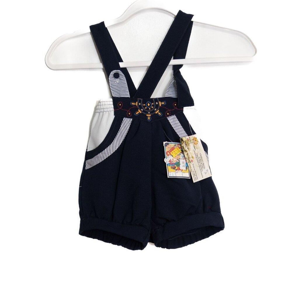 Vintage-Style Navy Blue Size 18M Toddler Romper W/ Embroidered Details & Striped